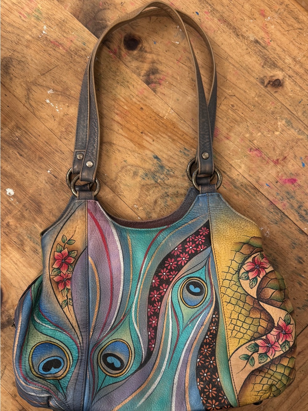 Anushka Hand-Painted Peacock Feather and Floral Leather Handbag